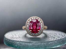 Stunning Ruby Ring with Sparkling Diamond Halo on Frosted Surface photo