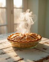 A pie with steam coming out of it sitting on a table photo