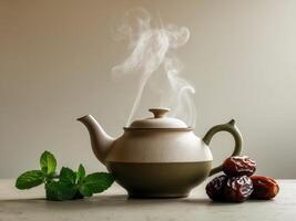 A teapot with dates and mint leaves on a table photo