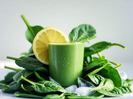 A green smoothie with lemon and spinach leaves photo
