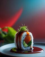 A sushi roll with sauce on it photo