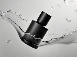 A black bottle of perfume is being splashed with water photo