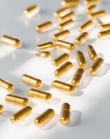 Gold capsules on a white surface photo