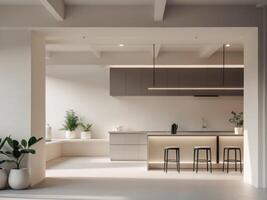 A modern kitchen with white walls and a large island photo