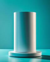 white cylinder product display stand on table with turquoise background photo