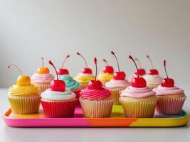 Adorable Cupcakes with Cherry Toppings Dancing on a Colorful Tray photo