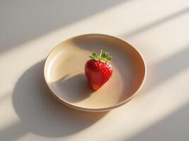 Fresh Red Strawberry on Beige Plate Surrounded by Soft Natural Light for Modern Aesthetic photo