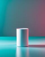 white cylinder product display stand on table with turquoise background photo