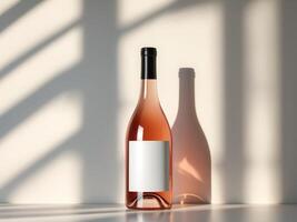Rose Wine Bottle with Blank Label and Window Shadow Overlay Mockup photo