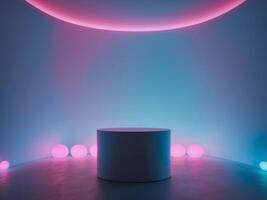 A round podium with rounded neon lights in background photo