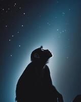 Silhouetted Primate Gazing Upwards In Darkness photo