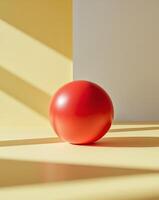 Playful red ball rests on bright yellow background with sharp shadows photo