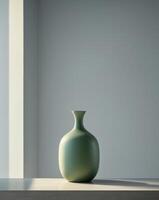 A green vase sitting on a table in front of a window photo