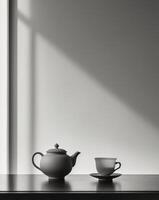 Tea pot and cup on table with shadow photo