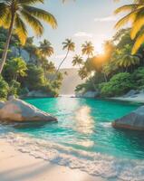Tropical beach with palm trees and rocks at sunset photo