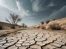 A dry desert with trees and dry ground photo