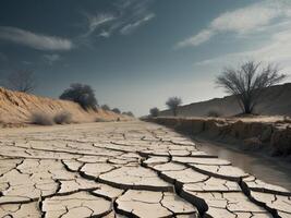 A dry road in the desert with trees and dirt photo