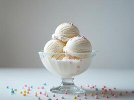 Three scoops of ice cream in a glass bowl photo