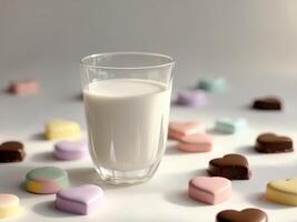 A glass of milk and a bunch of hearts photo