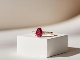 An oval ruby ring on a white cube photo