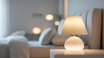 A white lamp is on a nightstand in a bedroom photo