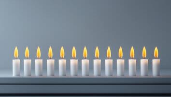 A row of white candles on a table photo