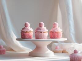 Three cupcakes on a cake stand with pink frosting photo