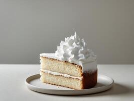 A slice of cake on a plate with whipped cream photo