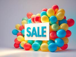 3d rendering of sale sign surrounded by colorful balloons photo