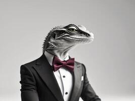 A lizard wearing a tuxedo and bow tie photo