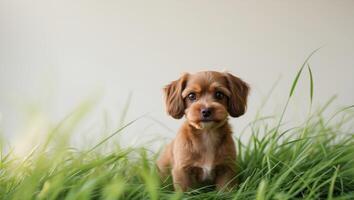 A small brown dog is sitting in some grass photo