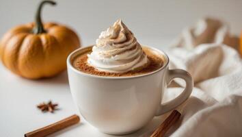 Pumpkin spice latte with whipped cream and cinnamon in a cup photo