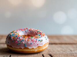 A Delectable Pink Donut with Sprinkles on a Wooden Surface photo