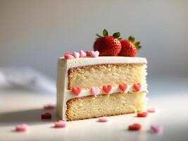 A slice of cake with strawberries and hearts on it photo