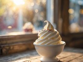 Soft serve ice cream served in a bowl ready to be enjoyed on a sunny day at a local dessert shop photo