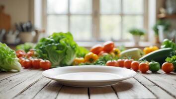 white empty plate lying on a wooden table with a kitchen with vegetables in the background photo
