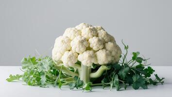 A fresh cauliflower head with green leaves sits on a white surface photo