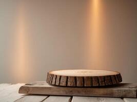 Rustic Wooden Display A Tree Trunk Slice Resting on Weathered Planks with a Warm Light Backdrop photo