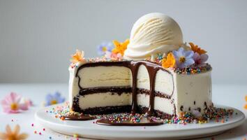 creamy ice cream cake dripping with chocolate topped with sprinkles edible flowers and a scoop of vanilla ice cream photo