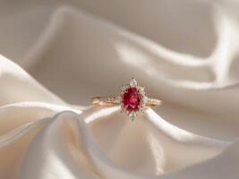 Elegant Ruby Ring with Diamonds on Soft Fabric Background photo