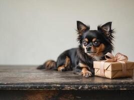 A small black and brown dog is laying on a wooden table next to a gift box photo