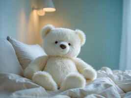 Soft bear sitting on a bed in a cozy blue room with calming atmosphere photo