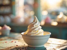Soft serve ice cream served in a bowl ready to be enjoyed on a sunny day at a local dessert shop photo