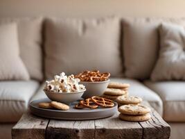 Sweet and Salty Snacks for a Cozy Movie Night Setup with Popcorn and Treats photo