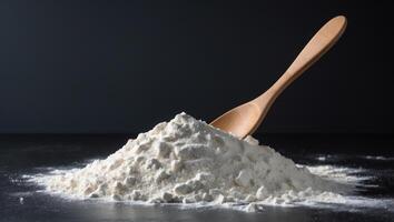 High Contrast Still Life of Flour and Wooden Spoon on Black Background photo