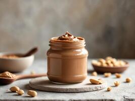Creamy Chocolate Peanut Butter in Jar Homemade Delicious Spread photo