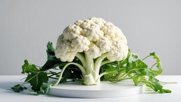 A fresh cauliflower head with green leaves sits on a white surface photo