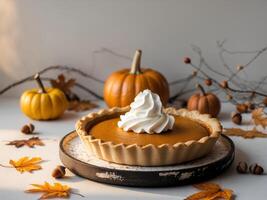 Pumpkin pie with whipped cream on wooden plate and autumn decor photo