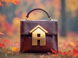 A brown leather bag with a golden house on it photo