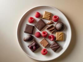 Assorted chocolates on a white plate photo